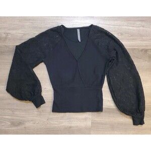 Anthropologie Womens Lace Balloon Sleeve Faux Wrap XS Top Black Viscose Feminine